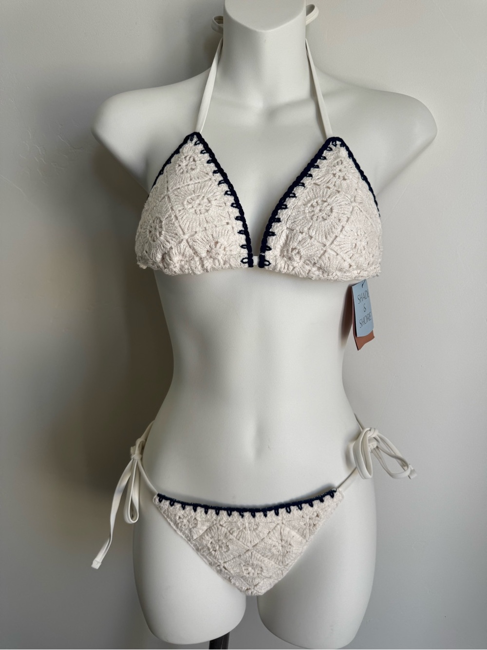 Shade & shore Women's White Crochet Triangle Bikini with Navy Trim
